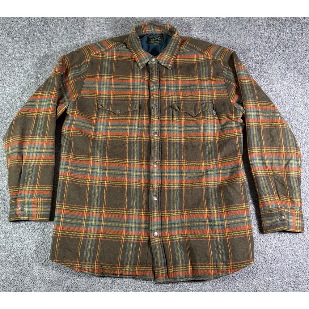 VTG Woolrich Jacket Mens Large Brown Plaid Quilted Lined Flannel Outdoor Shacket